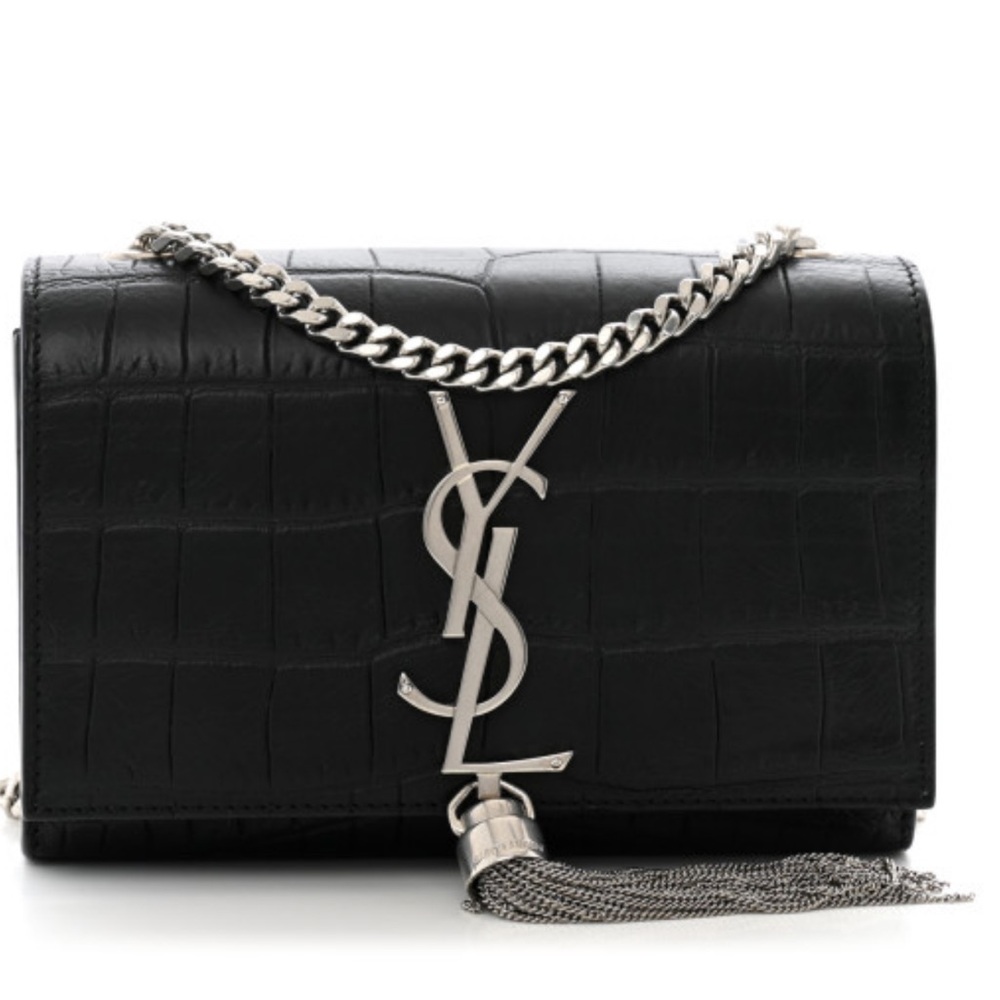 Saint Laurent Kate Tassel Croc-Embossed Clutch with Silver Chain